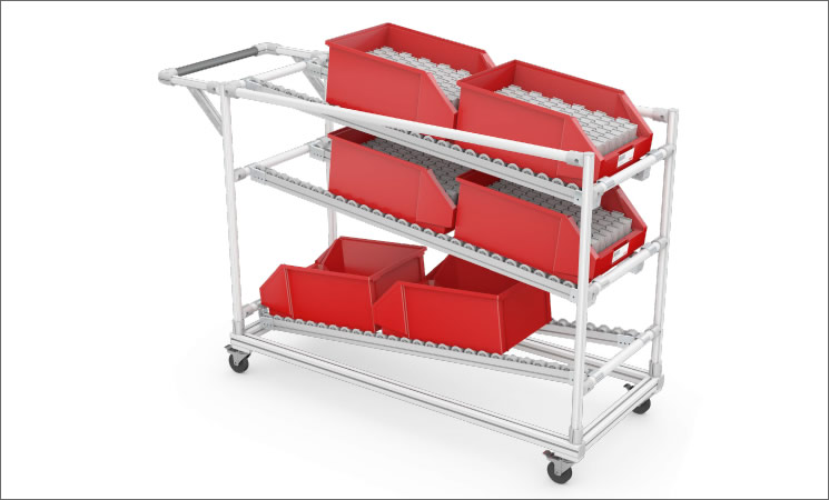 Maneuverable transport trolley with FIFO function for easy removal
