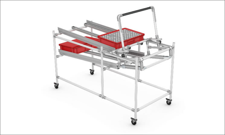 Ergonomic Material Handling Cart with Hand-Operated Karakuri Mechanics - Manipulación ergonómica del material con mecánica Karakuri de accionamiento manual