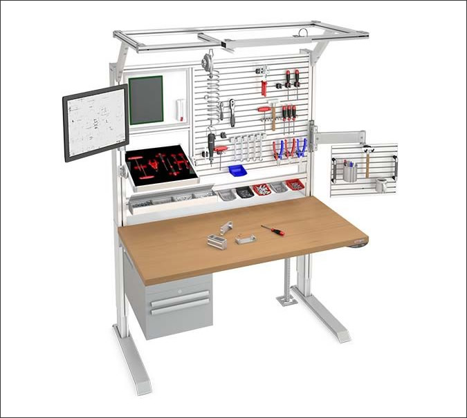 Ergonomic work bench with customized tool organization, Mesa de trabajo ergonómica con organizaicón para las herramientas