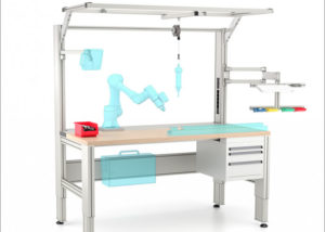Mesa de trabajo colaborativa con equipo integral Collaborative work bench with comprehensive equipment