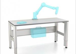 Mesa de trabajo colaborativa con cuatro columnas elevadizas