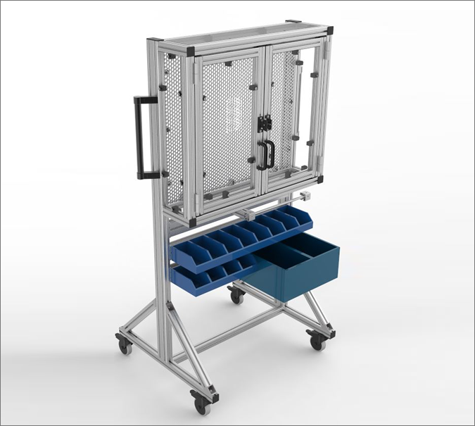 Rack móvil de herramientas con contenedores y puerta de seguridad