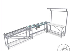 Workstation with conveyor belt and material buffer