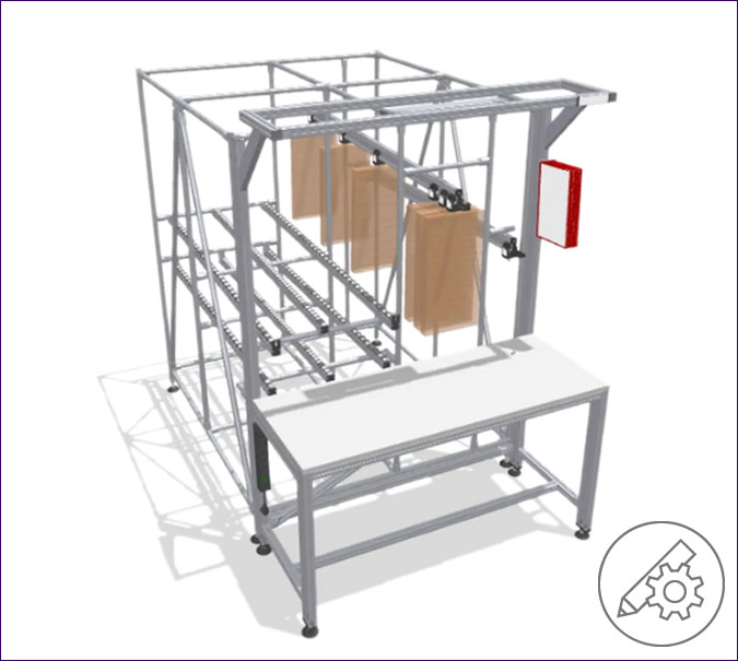 Workstation with integrated suspended conveyor system and FIFO rack